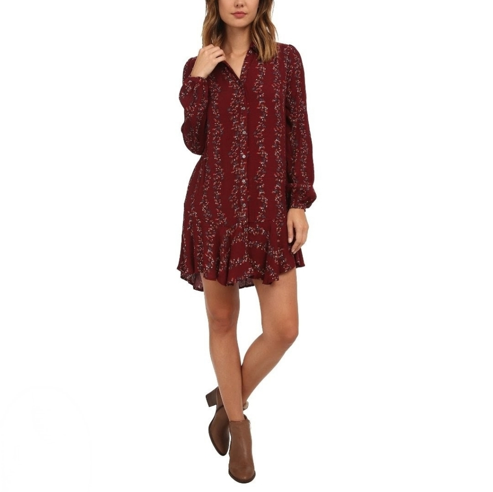 Free People Slubby Crinkle Floral Button Down Shirt Dress